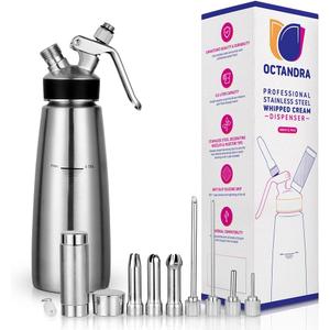 OCTANDRA 304 Stainless Steel Whipped Cream Dispenser 500mL/1 Pint Whip Cream Canister Maker Commercial Grade Whipping Siphon Cream Whipper with 3 Decorating Tips, 4 Injector Tips & Charger Holder