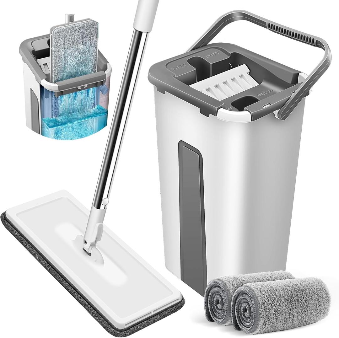 Saker Mop and Bucket with Wringer Set,Hands-Free Flat Mops for Floor Cleaning,Wall Mop Cleaner with Adjustable Handle,Floor Mops with 3pcs Washable Microfiber Pads
