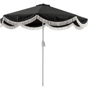 Tempera 9ft Auto Tilt Scalloped Patio Umbrellas with Fringe, Outdoor Table Umbrellas with Fade Resistant Canopy, 8 Sturdy Rids, Luxurious Vintage Umbrellas for Lawn, Pool, Deck, Balcony (9 FT Auto-Tilt, Carbon Black)