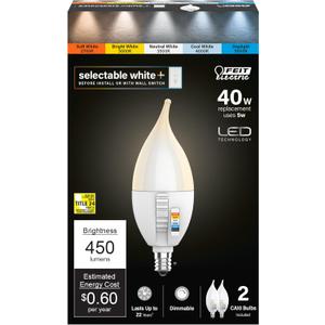 Feit Electric CA10 LED Candle Bulb Flame Tip, 40W Equivalent, Dimmable, Color Selectable 6-Way, 5CCT, E12 Candelabra Base, 90 CRI, 450 Lumens, Chandelier Bulb, 22-Year Life, CFF40/6WYCA/2, 2 Pack