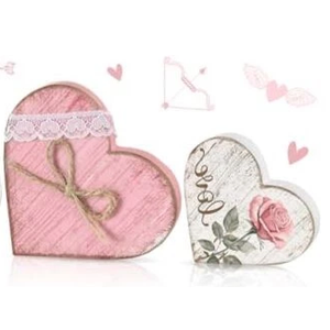 Beeveer 2 Pcs Valentine's Day Wooden Heart Signs Tiered Tray Decor with Bow Wood Heart Shape Table Blocks for Party Home Office Table Shelf Decor