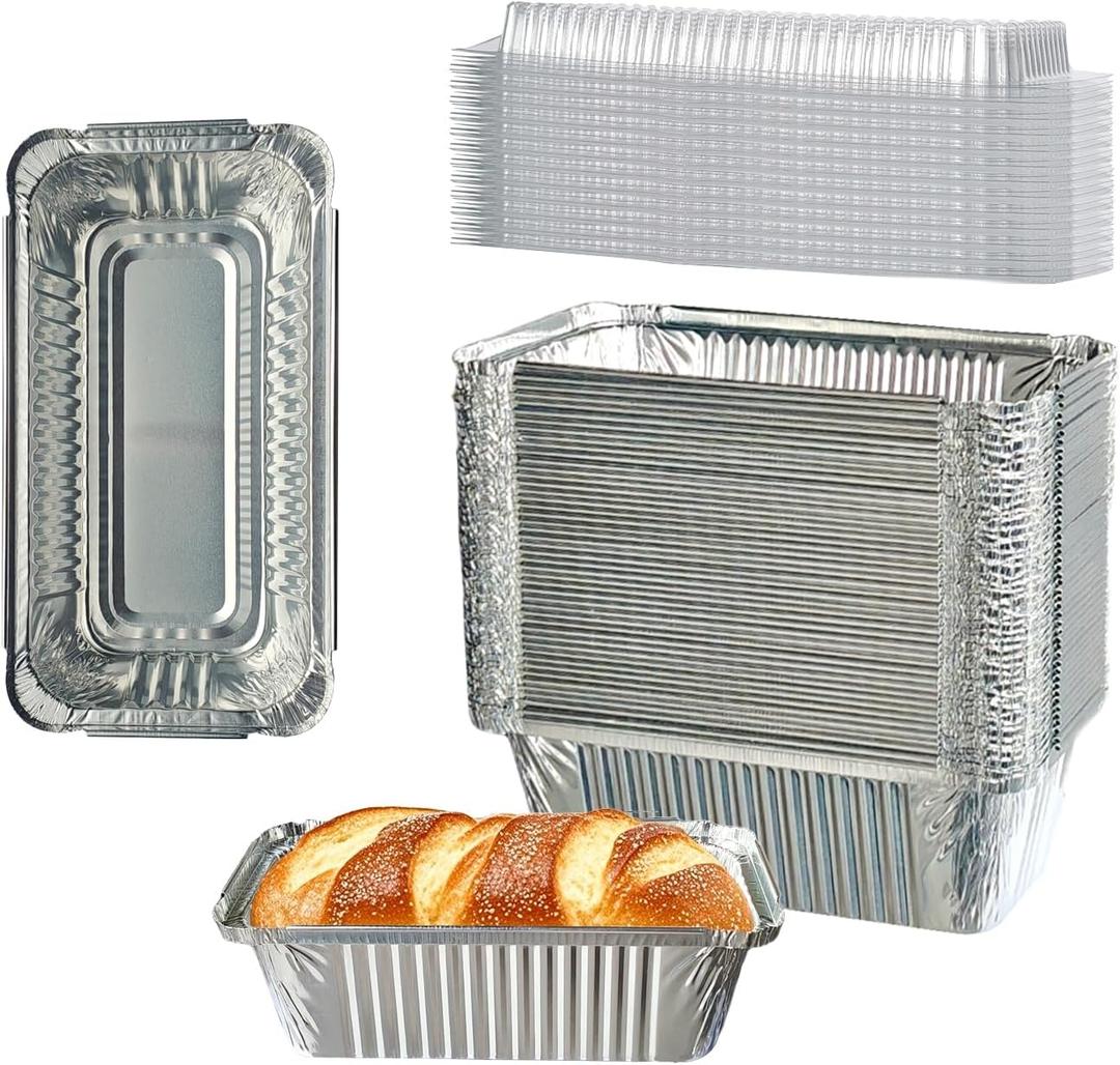 50 Pack 6.9"x3.5" Disposable Aluminum Loaf Pans with Lids - 1Lb Mini Baking Pans, foil pans, ldeal for Baking Bread, Cakes, Cinnamon Rolls & Storing Refrigerated Food