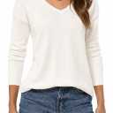 QUALFORT Women's V Neck Tunic Sweater Lightweight Long Sleeve Pullover (L)