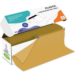 54IN X 320FT Plastic Table Cover Roll with Cutter Box, Cut to Size Plastic Table Cloths for Parties, Birthday, Disposable Tablecloth Roll for All Shape Tables (Gold, 54 Inch X 320 Feet)