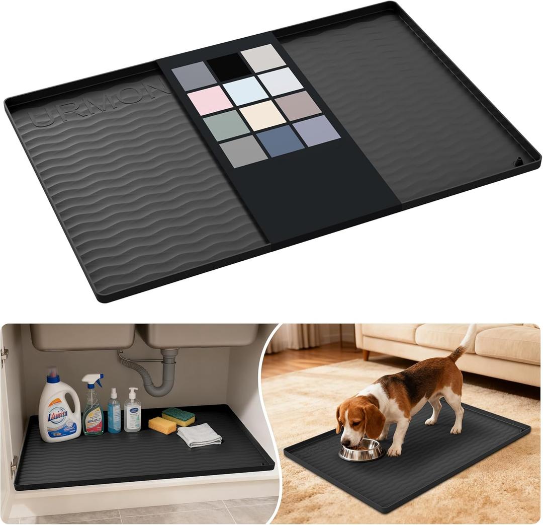 URMONA Waterproof Silicone Under Sink Mat 28'' x 19'' Shelf Liner for Kitchen and Bathroom, Cabinet and Counter Protector, Storage and Organizers, Litter Mat, Pet Cat Puppy Essentials(Black)