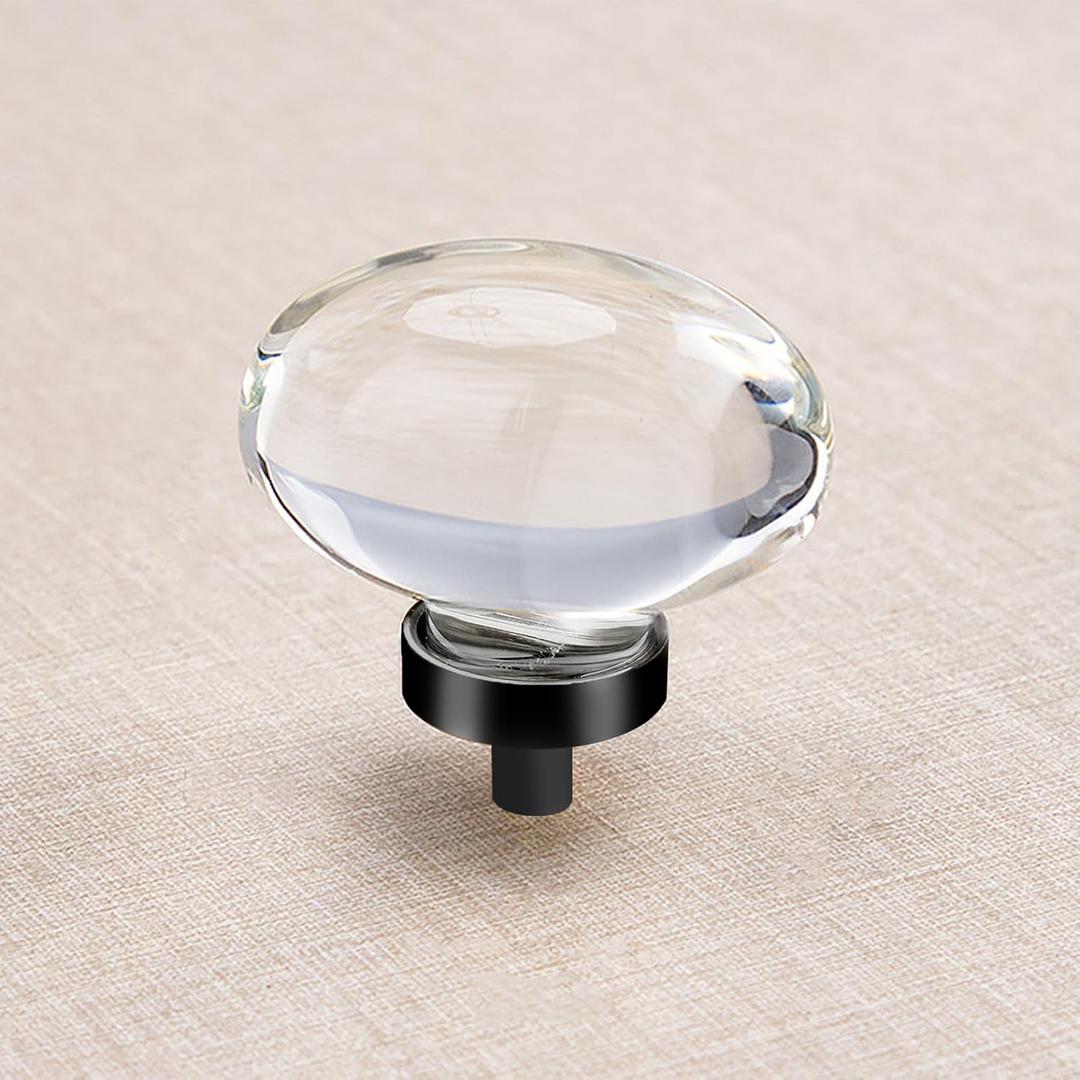 16 Pack Glass Cabinet Knobs and Pulls, Oval Crystal Knobs for Dresser Drawers, Matte Black Kitchen Cabinet Knobs Egg Shape