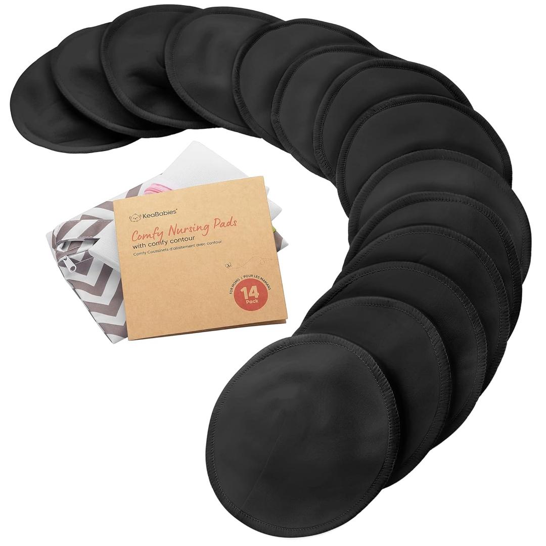 Organic Nursing Pads - 14 Washable Breast Pads for Breastfeeding, Wash Bag, Viscose Derived from Bamboo Reusable Nipple Covers for Breastfeeding Essentials, Soft & Absorbent(Midnight Black, L 5")