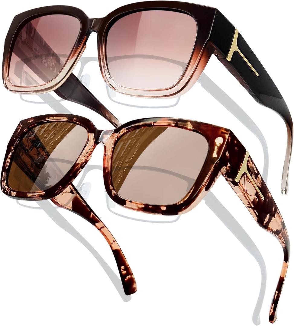 KANASTAL Over Glasses Sunglasses Polarized Fit Over Sun Glasses Oversized Design Fashion Wrap Around Shades 2 Pack (Tortoise/Brown,Gradient Brown/Brown)
