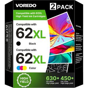 62XL Ink Cartridges Black and Color Compatible for HP Ink 62 XL 62XL Work for Envy 5540 5643 5542 5544 5545 5640 5642 5660 5665 7640 7645 8000 Officejet 5740 5741 5742 5743 5744 5745 Printer (2 Pack)