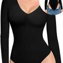 Upushall Long Sleeve Bodysuits for Women Sexy Thong V Neck Body Suits Double Lined Bodysuit, Black S (Black, S)