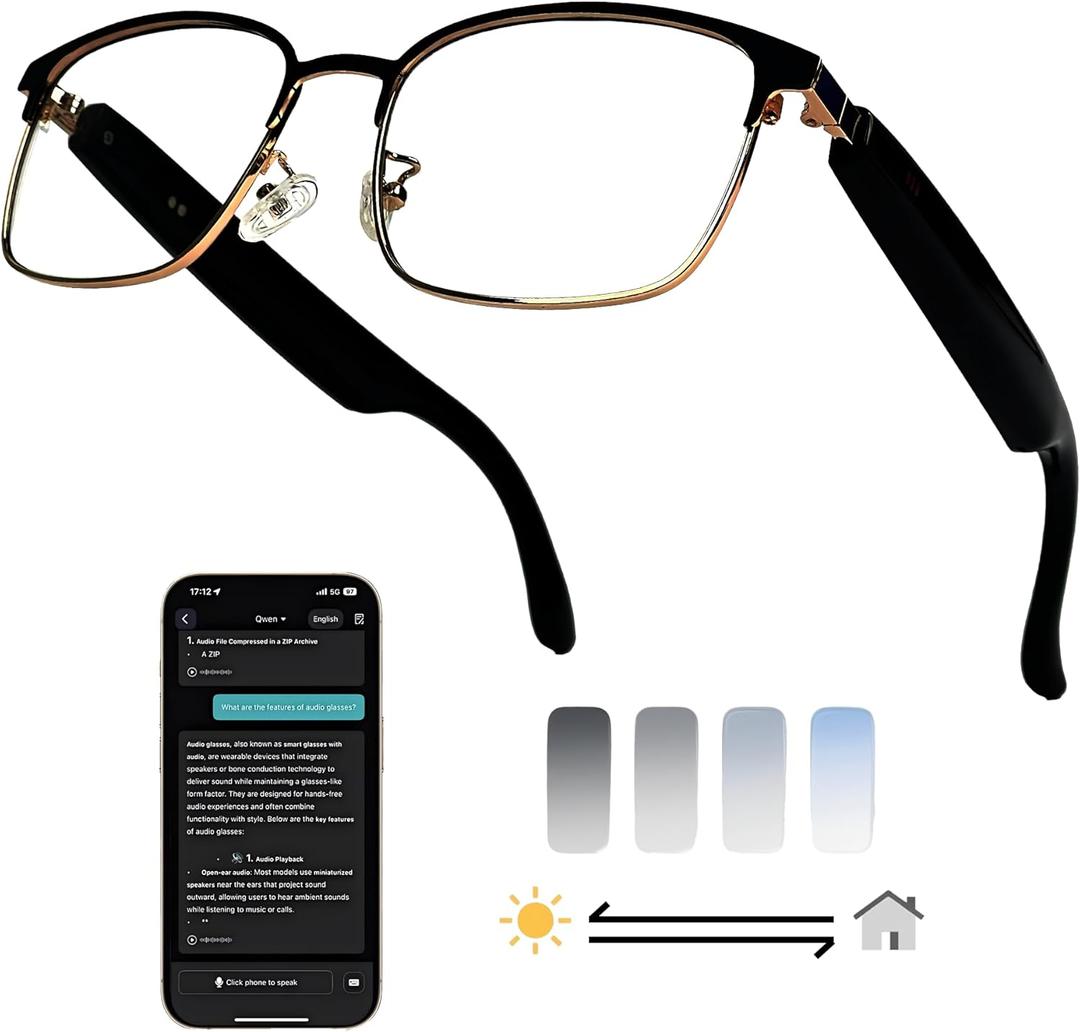 AI Smart Wireless Bluetooth Translation Glasses for Men/Women with Speakers/Bluetooth&140+ Languages Translation Sports/Travel/Drive/Busniess (G6+AI+Color Change Lenses+Gold)