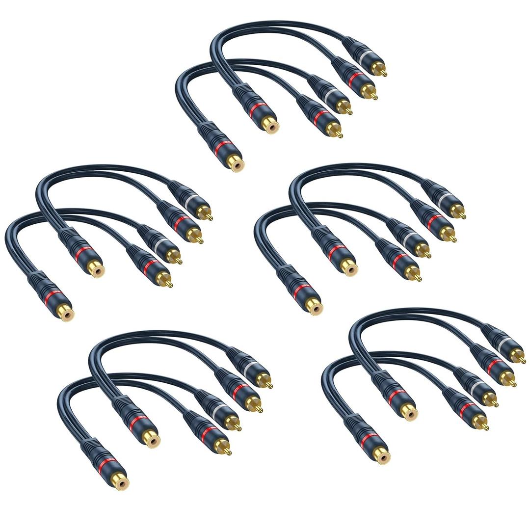 RCA Splitter 1 Female to 2 Male [10-Pack], RCA Y Splitter Audio Video Adapter Cable 8 inch (Dark Blue)