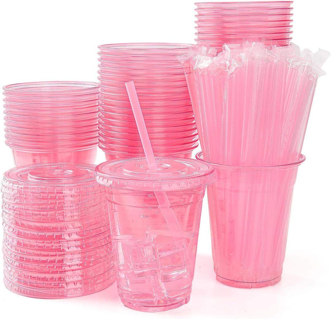 100 Set Pink Plastic Cups with Lids and Straws 12 oz Disposable Drinking Clear Cups for Wedding Pink Birthday Party Supplies