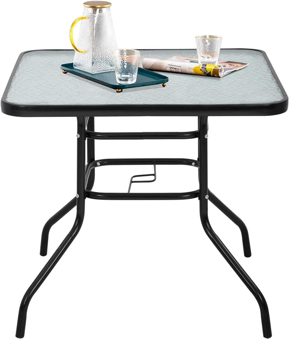 Outdoor Table Patio Table Dining Table with Tempered Glass Umbrella Hole for Lawn Balcony, Yard (Square), 32 in x 32 in x 28 in