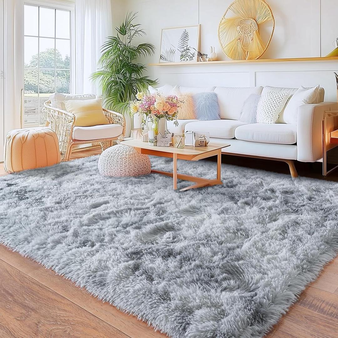 Rugs for Living Room, Ultra Fluffy Fuzzy Shag 6x9 Area Rug for Bedroom, Modern Plush Soft High Pile Upgrade Non-Slip Carpet for Kids Girls and Boys, Dorms, Home Decor, Tie-Dyed White Grey