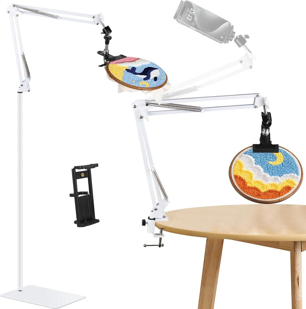 White Adjustable Embroidery Hoops Stand for Hand Work,3-in-1 Hoop/Tablet/Phone Holder Floor Stand,Embroidery Desktop StandLap Cross Stitch Frame Stand with 360 Rotation,Hand Embroidery Stand