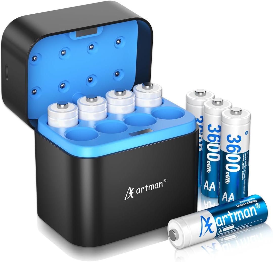 Artman Rechargeable Lithium AA Batteries 8-Pack 3600mWh with Fast Charger, AA Lithium Batteries for Blink Outdoor Camera, 1.5V Constant Output Double A Battery Recharge up to 2000+ Cycles