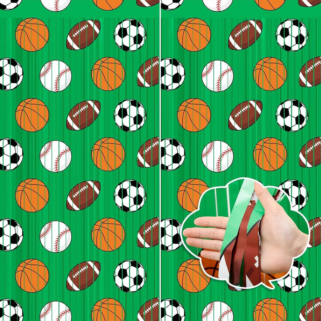 Frienda 4 Pack Green Sport Theme Party Decoration 3.3x6.6 ft Foil Fringe Curtain Basketball Football Soccer Baseball Background Birthday Decor Tinsel Streamers Photo Props for Athlete Party Supplies