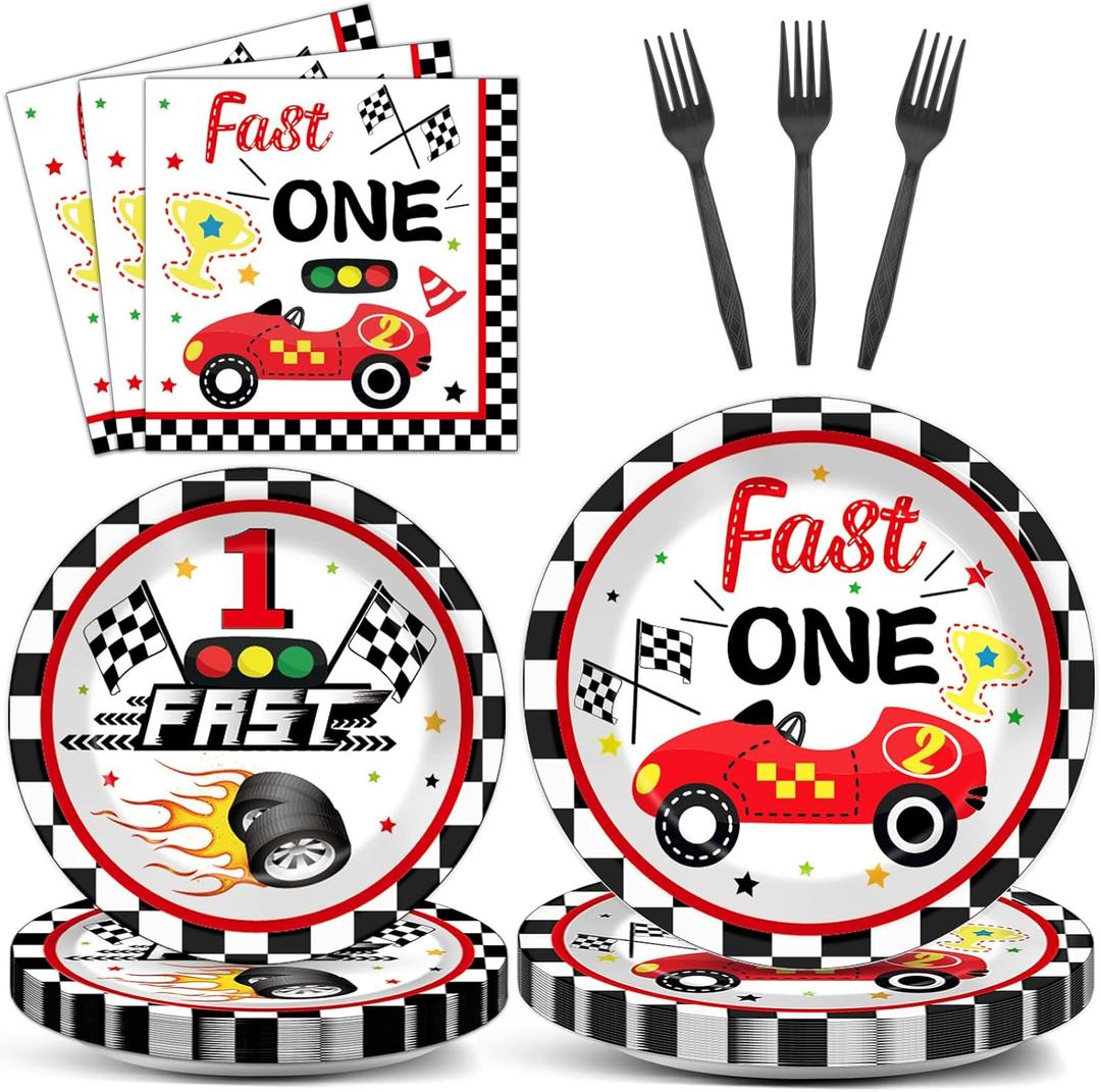 Fast One Birthday Decorations for Boys Racing Car 1st Birthday Party Supplies Fast One Plates Napkins Forks Checked Race Car Disposable Paper Plates Tableware Set for Kids Favors Serve 25