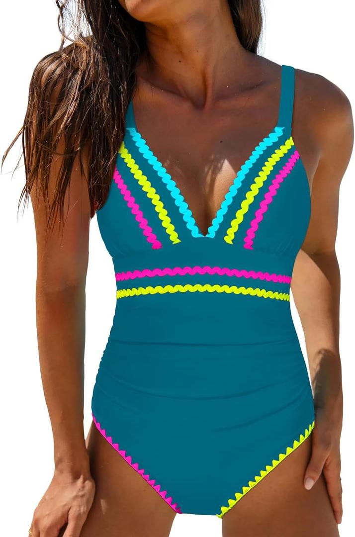 popvil Womens Tummy Control One Piece Swimsuit 2026  Flattering Slimming Bathing Suit Ruched Shapewear Modest Swimwear (Medium, Teal)