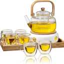 Sliner 9 Pcs Tea Set Glass Teapot, 33.8 oz Clear Glass Tea Kettle with Infuser 6 Pcs Insulated Cups Ceramic Teapot Warmer Wooden Bamboo Serving Tray(Delicate)