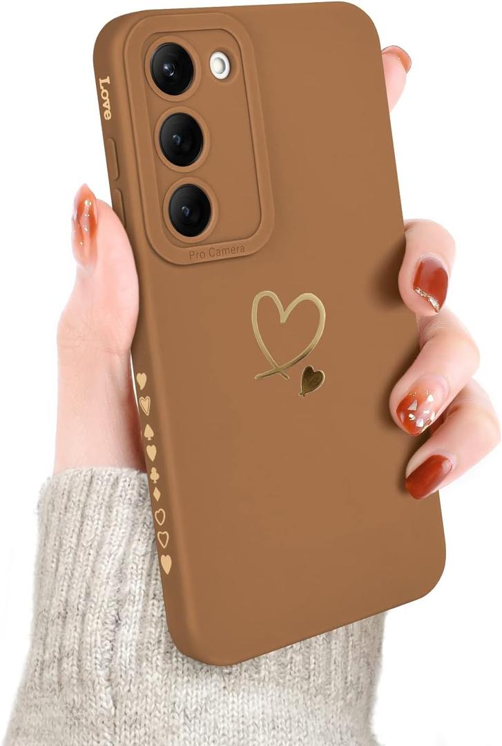 Newseego for Samsung Galaxy S23 Case Girls Women, Cute Love Heart Pattern Phone Case Flexible Liquid Silicone Shockproof Protective Bumper Cover for Samsung Galaxy S23,Coffee