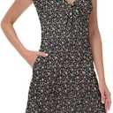 Women's Boho Summer Floral Short Sleeve Mini Dress Bow V Neck A Line Short Dresses (Black, L)