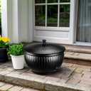 Monarch Abode Garden Hose Holder with Lid Decorative Water Hose Holders for Outside, Arch Embossed Metal Matte Black Pot with Drainage, 100ft Waterhose Holder for Outside, Garden Storage Caddy