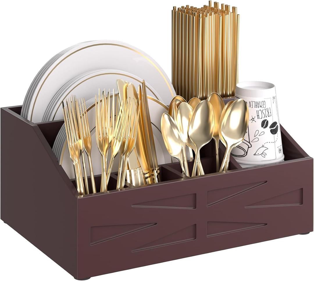 Paper Plate Dispenser,for Countertop,Paper Plate Holder for Kitchen Counter,Wood Rustic silverware holder,paper plate organizer for Fork Knife Spoons Plates,Silverware Caddy for Party,Camping (Brown)