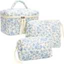 PAZIMIIK 3PCS Makeup Bag SET Large Travel Quilted Zipper Soft Cosmetic Case Pouch for Women Girls Make Up,Little Flower Blue