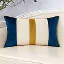 Yangest Navy Blue Patchwork Lumbar Throw Pillow Cover Striped Velvet Cushion Case Modern Neutral Oblong Pillowcase for Sofa Couch Bedroom Living Room Home Decor, 12x20 Inch