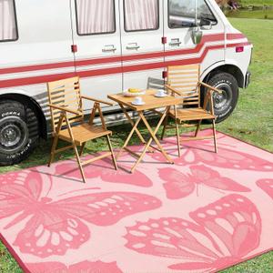 Anidaroel Pink Camping Rug for Outside RV, 8'x10' Waterproof Outdoor Rug for Patio Clearance, Reversible Plastic Straw Outside Rug, Outdoor Camping Mat for Deck, Camper, Backyard, Picnic(Pink,8X10')