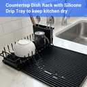 Expandable & Collapsible Dish Drying Rack for Over The Sink and in Sink, Stainless Steel with Silicone Drip Tray, Space Saving Adjustable Dish Rack for Small Kitchen, Apartment & RV