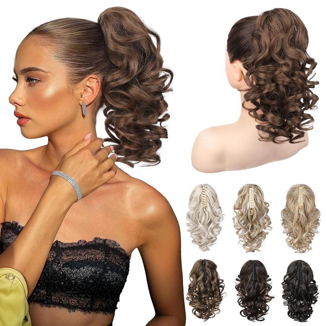 REECHO 12" Ponytail Extension, Classic Loose Curly Wavy Claw Clip Pony tails Hair Extensions Hairpieces for Women (Ginger Brown)