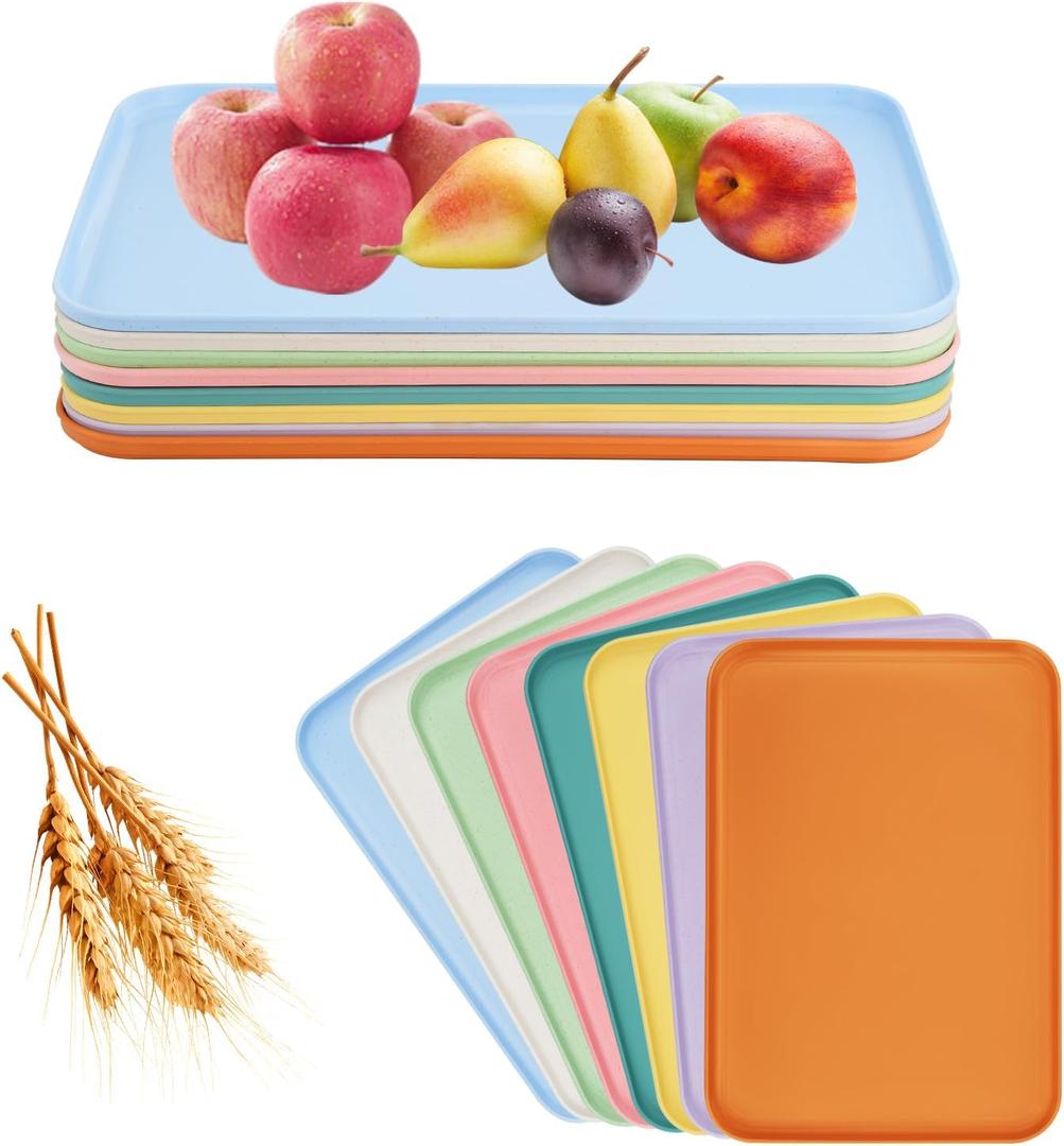 8-Piece Large Wheat Straw Tray Set, 12" x 8.7" Unbreakable Lightweight Serving Dishes for Fast Food, Crafts, Jewelry, or Organizer - Plastic Art Activity Trays (Medium)
