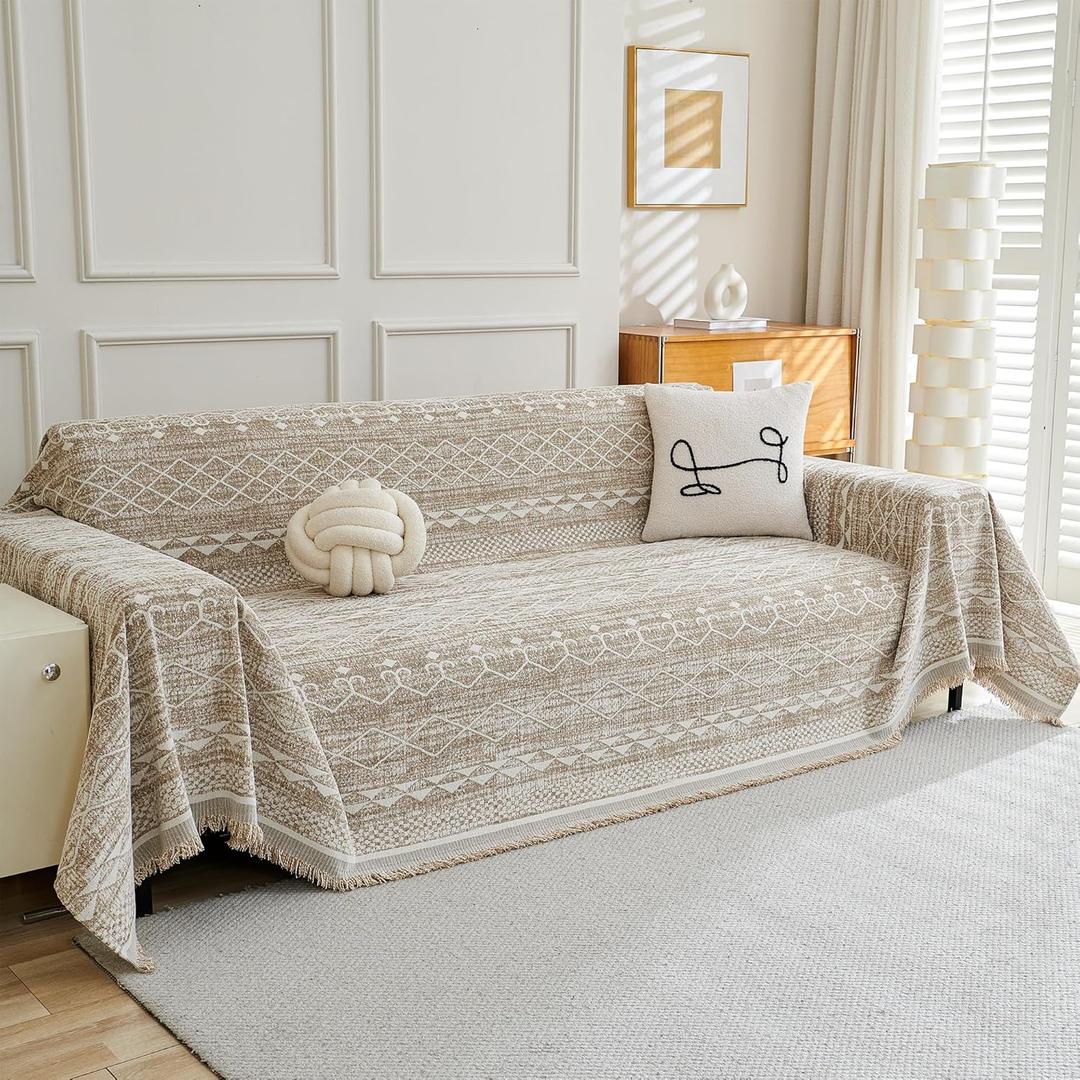 MEETSKY Boho Couch Cover Sofa Slipcover for Sectional Sofa Covers Protector Universal Use Chenille Blend Thick Fabric Washable, Modern Design Sofa Throw Cover for Living Room, 71" x 118", Khaki