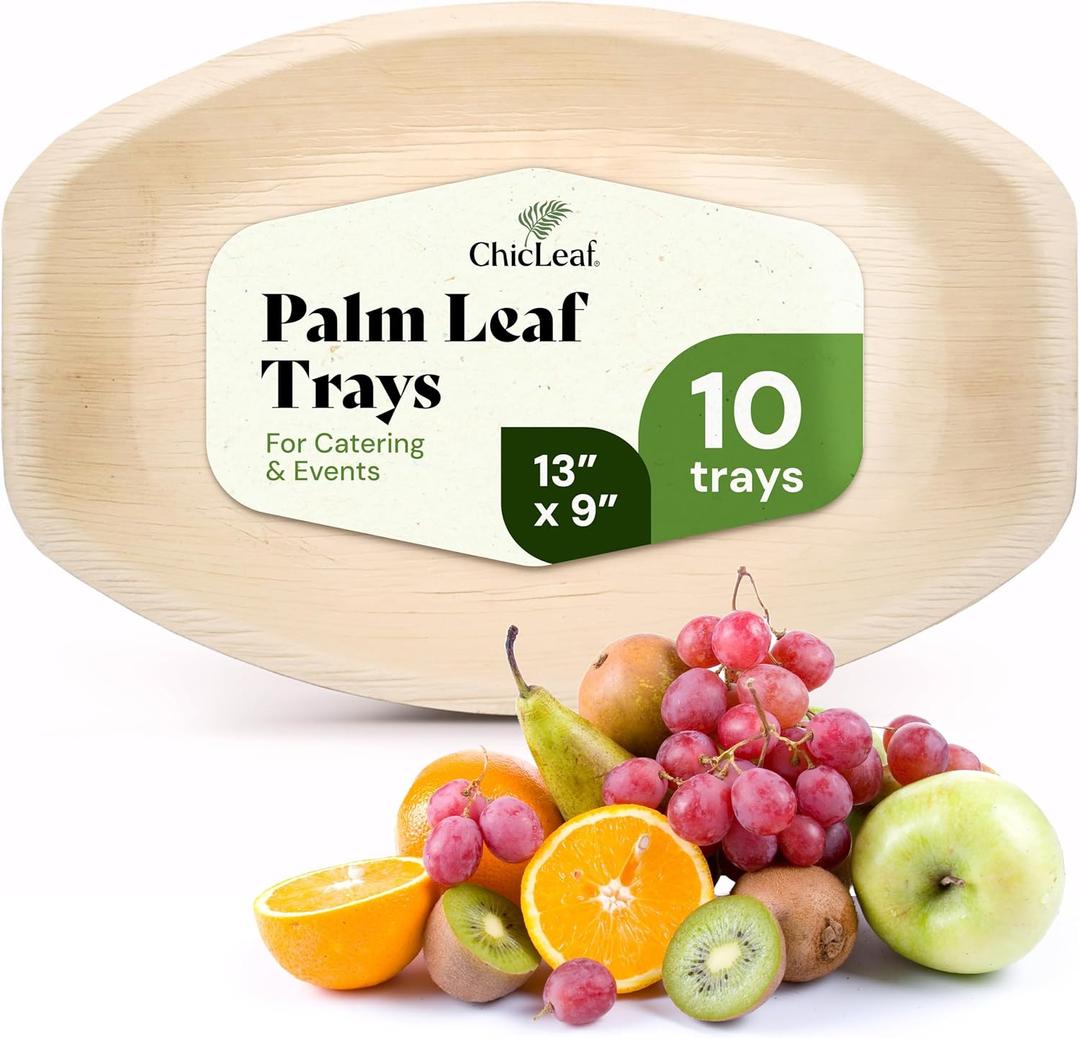 Chic Leaf All Natural Compostable & Disposable Rectangular 13" x 9" Palm Leaf Platters Serving Tray for Winter Events, Charcuterie Board, Elegant Gourmet Catering & Weddings (10 pc)