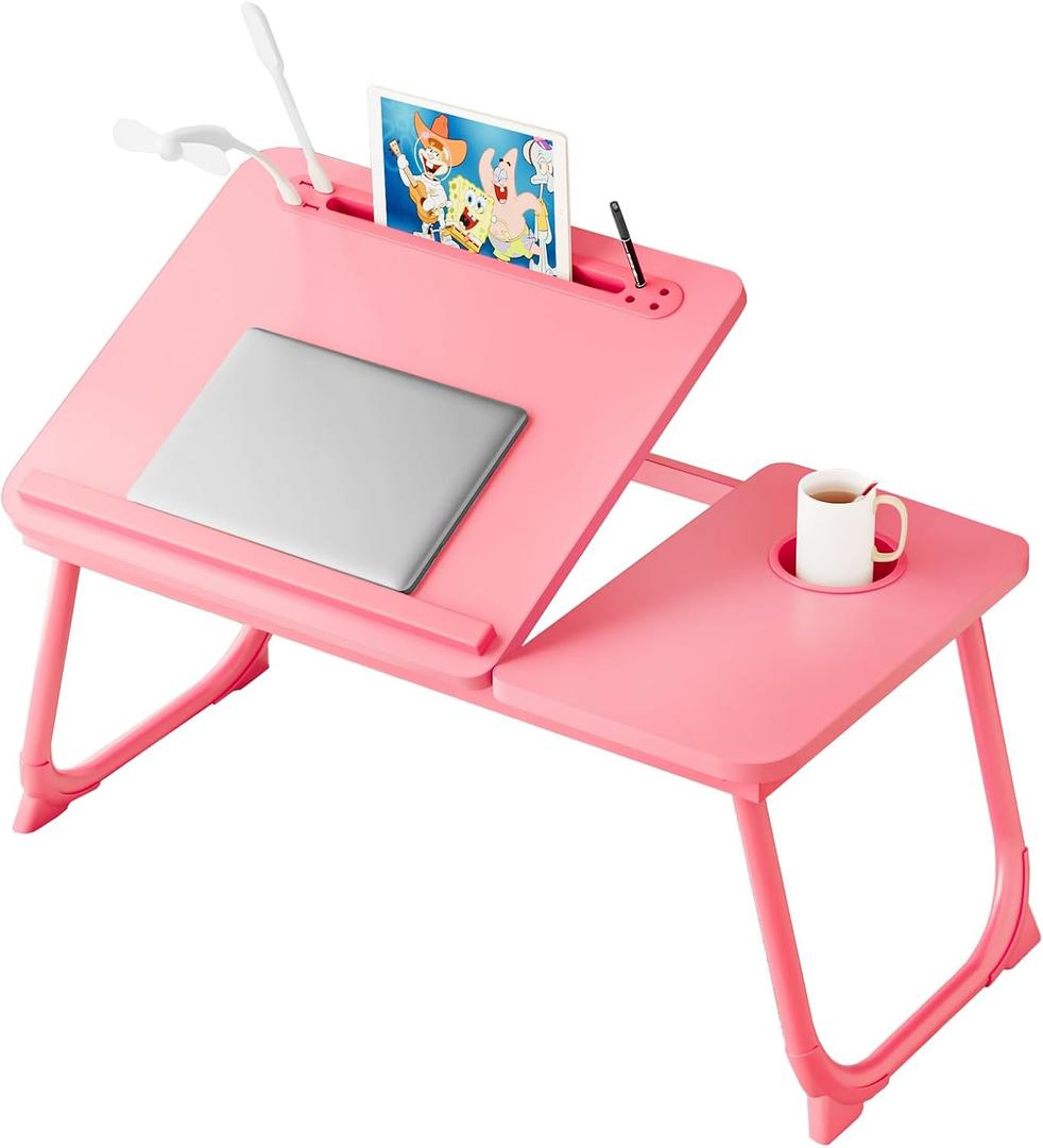 Laptop Desk for Bed, Adjustable Laptop Stand with 5 Different Angles, Portable Lap Tray Table with USB Charge Port and Cup Holder, Laptop Bed Desk Tray for Eating Working Writing (Pink)