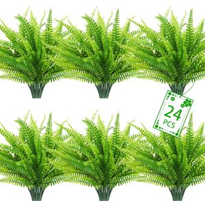 Uieke 24 PCS Artificial Ferns for Outdoors, Fake Boston Fern Plants Greenery Outdoor UV Resistant Bushes Plastic Plants Shrubs for Window Box Front Porch Garden Decor
