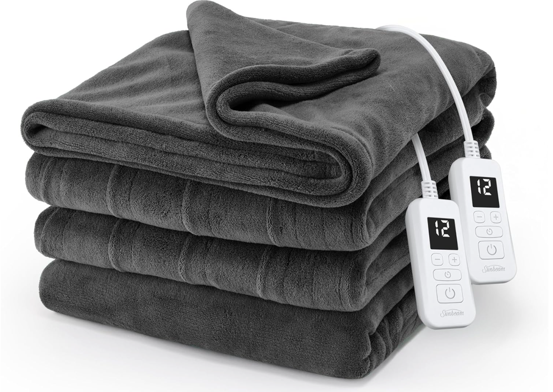 Sunbeam Electric Royal Luxe Microplush Heated Blanket 12 Heat Settings, 12-Hour Selectable Auto Shut-Off, Fast Heating, Warm and Cozy, Jet Grey Color, Queen, 90" x 84"