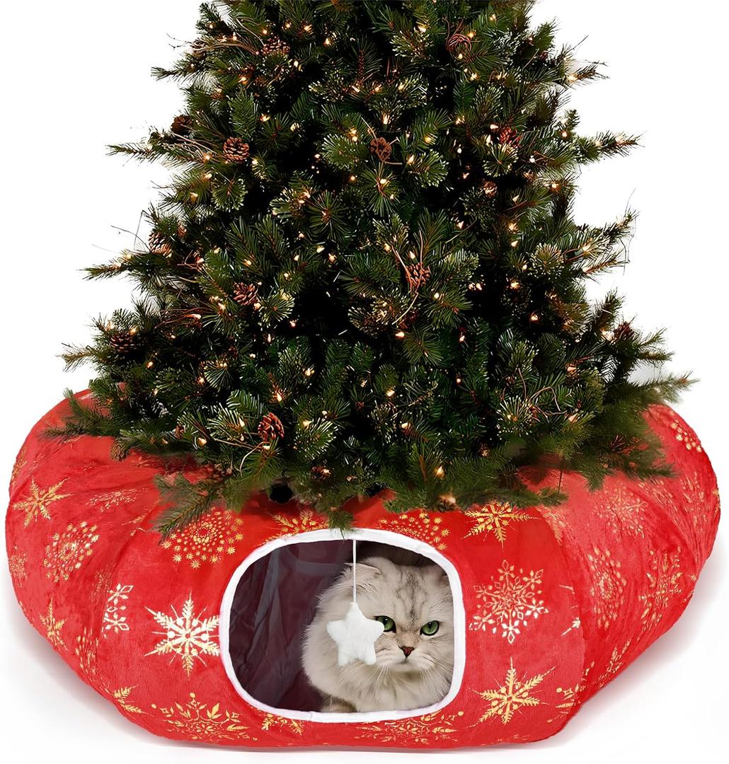 Cat Tunnel Bed for Indoor Cats, L Christmas Tree Skirts Washable Warm Soft Indoor Cat Donut Tunnel, Multifunctional Cat Interactive Playground Toys for Felines Pet Christmas Tree Decoration