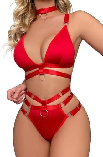 Lilosy Sexy Wireless Choker O Ring Linked Strappy Harness Lingerie Set Outfits 2 Piece M