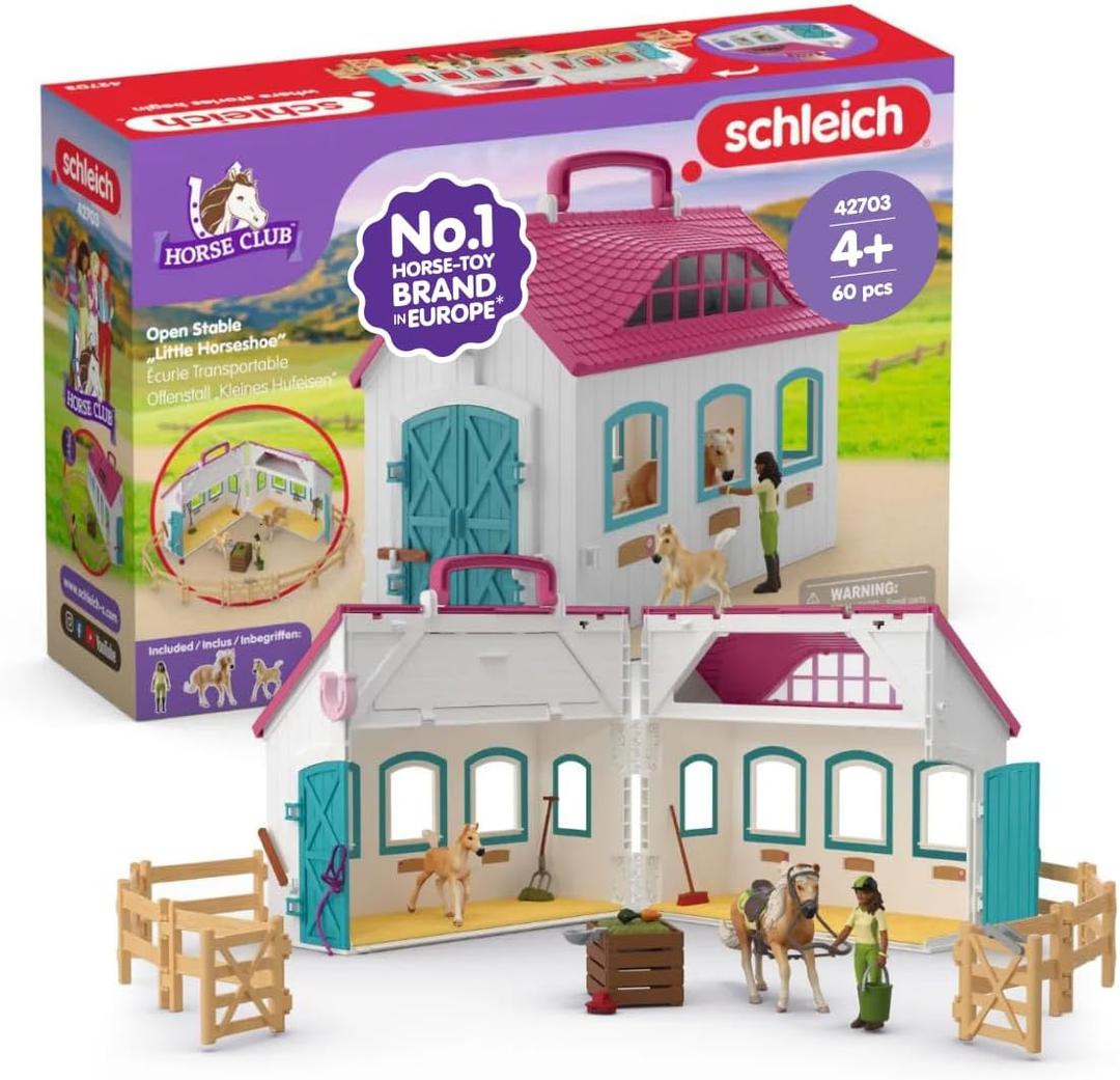 Schleich Horse Club - 60Pc Open Stable "Little Horseshoe" - Kids 5+ | 42703
Horse Figurine, Equestrian Toy for Girls 5+, Realistic Horse Toy, Screen-Free Imaginative Pretend Play, Party Gifts