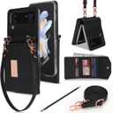 Phone Case for Samsung Galaxy Z Flip 4, Crossbody Wallet Phone Cover with Card Holders Cash Slot Wristlet Strap, Fashion Leather Handbag Flip 4 Phone Case for Women Girls (Black)