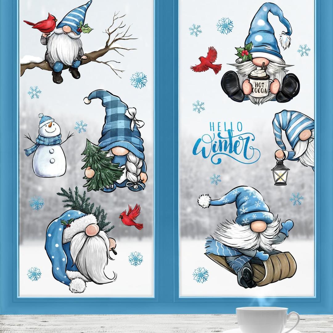 Yovkky Hello Winter Gnome Window Clings 9 Sheets, Snowman Cardinal Red Birds Christmas Tree Stickers Decals Decor, Pine Branch Snowflakes Holiday Home Kitchen Decorations