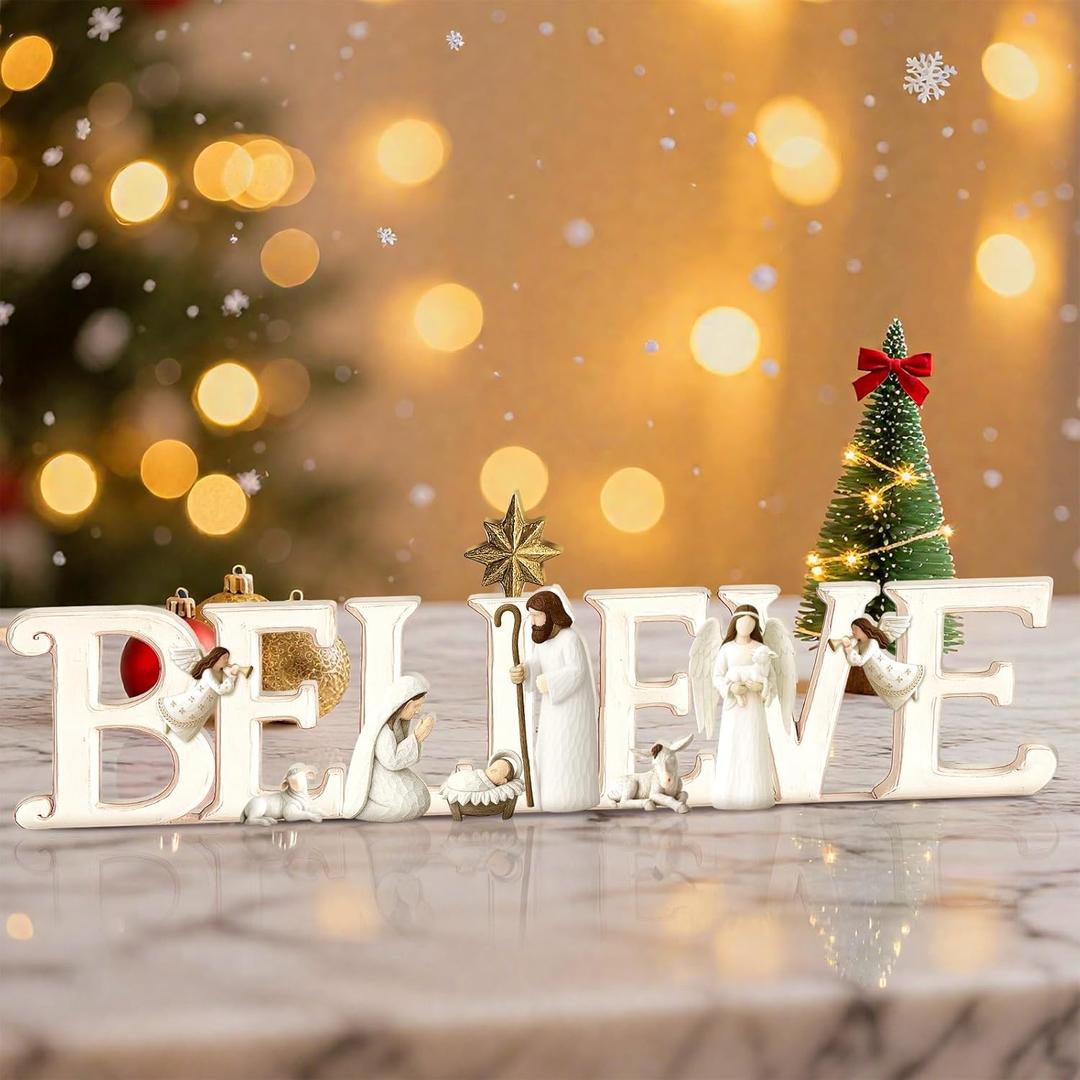 Christmas Nativity Scene Believe Word Sign Resin Christmas Table Mantle Decor Freestanding Jesus Angel Tabletop Sign Religious Gift for Christian Xmas Indoor Desktop Mantle Decoration 2.8 x 9 Inches