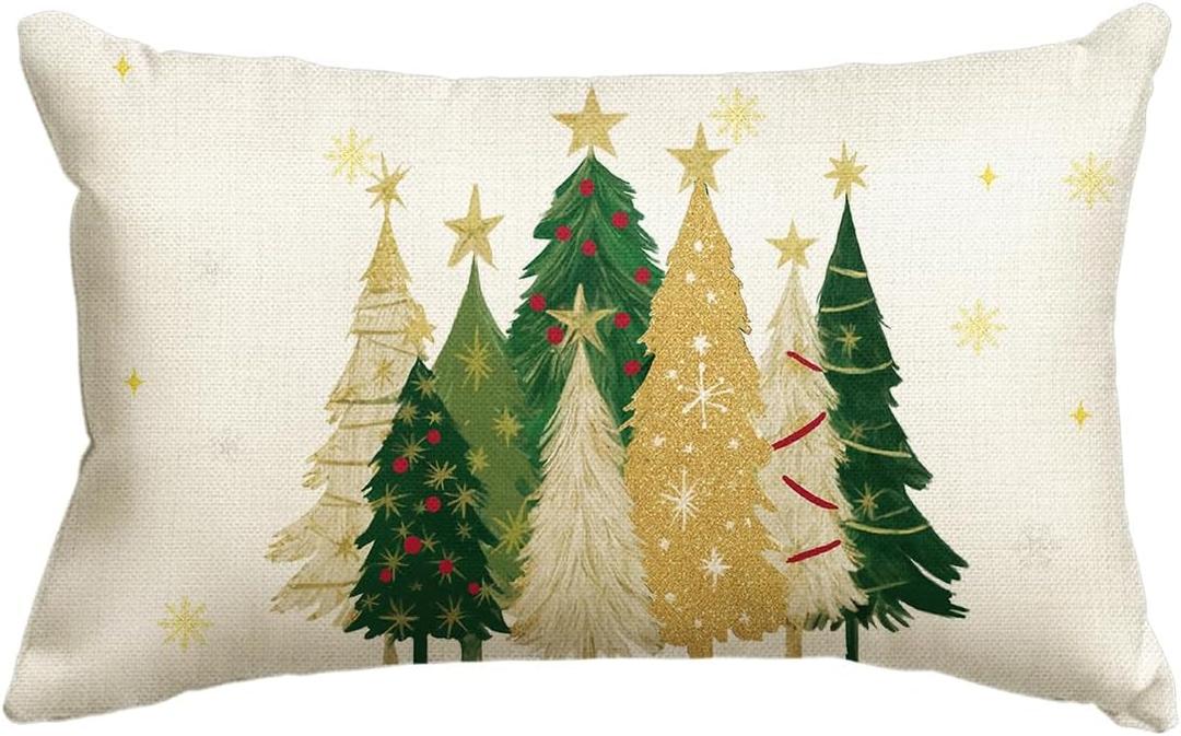 AVOIN colorlife Christmas Trees Star White Throw Pillow Cover, 12 x 20 Inch Snowflake Seasonal Winter Holiday Cushion Case Decoration for Sofa Couch