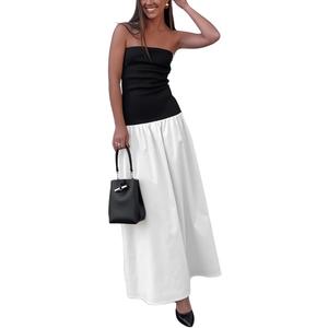 YOXUA Women's Summer Strapless Sleeveless Patchwork A-Line Tube Long Maxi Dress Off Shoulder Beach Maxi Dress (Small, White)