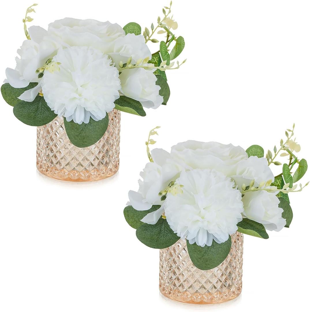 NUPTIO Small Fake Flower in Vase: 2 Pcs Silk Artificial Flowers with Champagne Pink Glass Vase for Living Room Bathroom Office - Faux Rose Mums Floral Arrangement Wedding Dining Table Centerpiece
