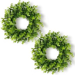 DDHS 10 Inch Artificial Boxwood Small Wreath for Front Doors, 2 Packs Green Leaves Wreath, Spring Summer Mini Wreaths for Indoor Outdoor Hanging Wall Window Wedding Home Decor Party Farmhouse